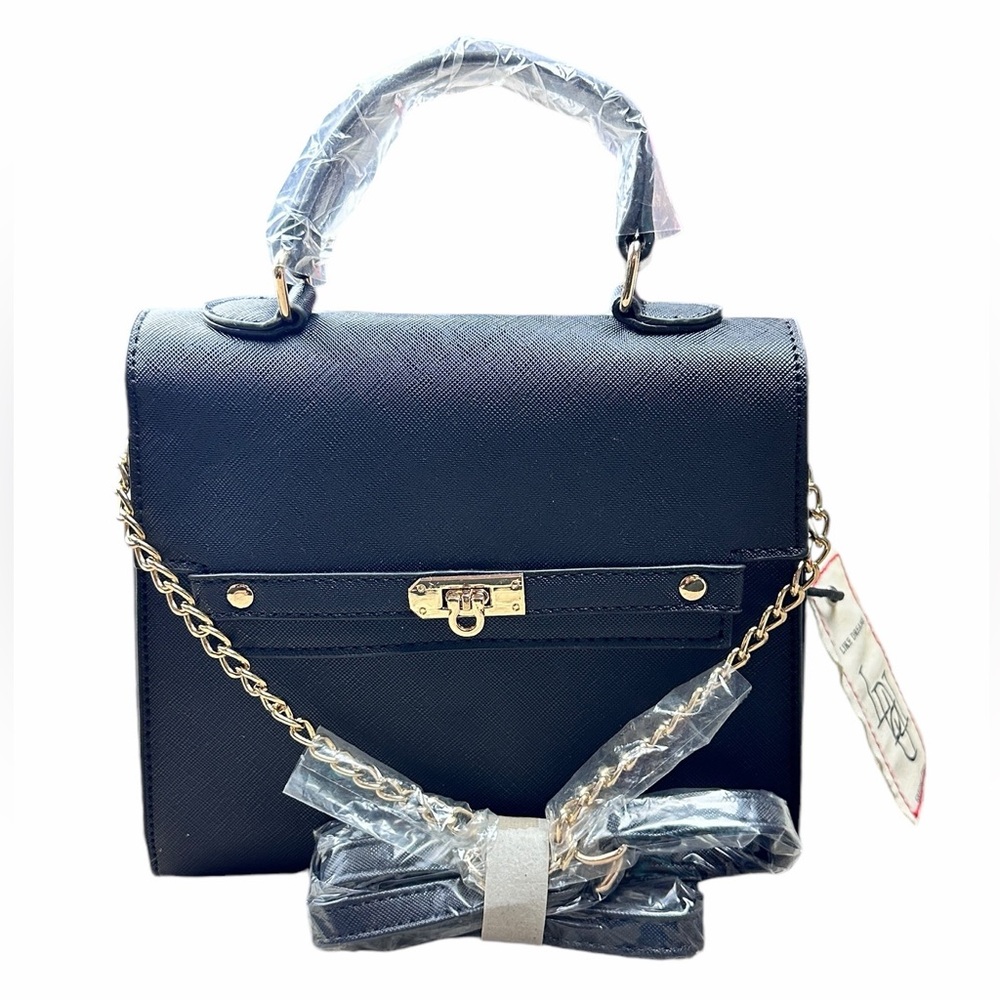 Classic Black Satchel with Gold Chain Detail